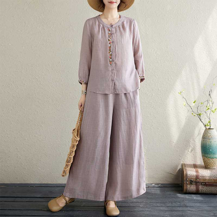 Buddha Stones 2Pcs Cotton Embroidery Flowers Shirt Top Pants Meditation Zen Tai Chi Clothing Women's Set - Thistle - US6，UK/AU10，EU38 (XL) - image 0
