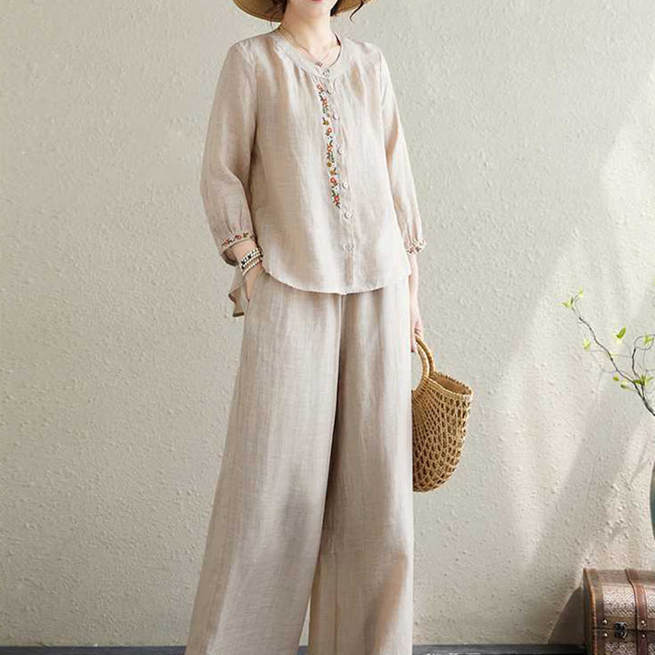 Buddha Stones 2Pcs Cotton Embroidery Flowers Shirt Top Pants Meditation Zen Tai Chi Clothing Women's Set - image 14