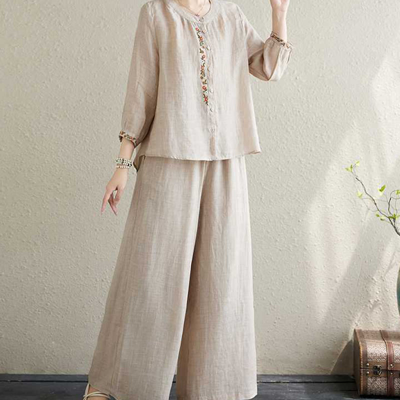 Buddha Stones 2Pcs Cotton Embroidery Flowers Shirt Top Pants Meditation Zen Tai Chi Clothing Women's Set - image 18
