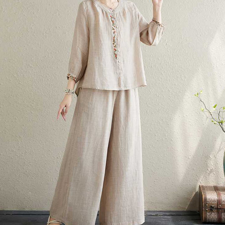 Buddha Stones 2Pcs Cotton Embroidery Flowers Shirt Top Pants Meditation Zen Tai Chi Clothing Women's Set - image 18