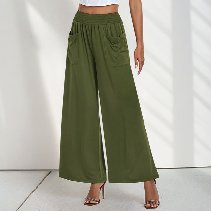 Buddha Stones Casual High Waist Plain Loose Women's Polyester Wide Leg Pants With Pockets - Green - US12，UK/AU16，EU44 (2XL) - image 5