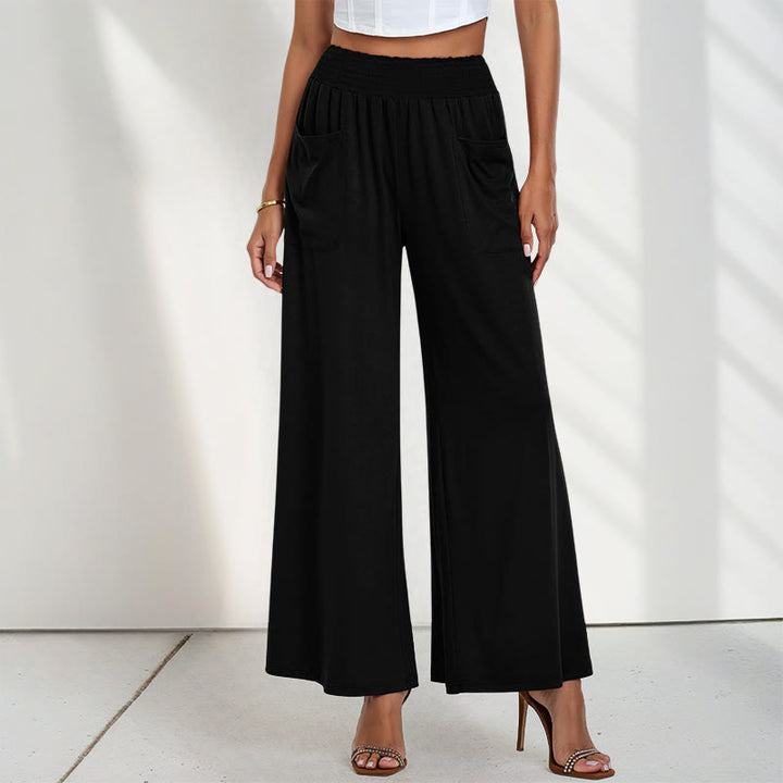 Buddha Stones Casual High Waist Plain Loose Women's Polyester Wide Leg Pants With Pockets - image 3