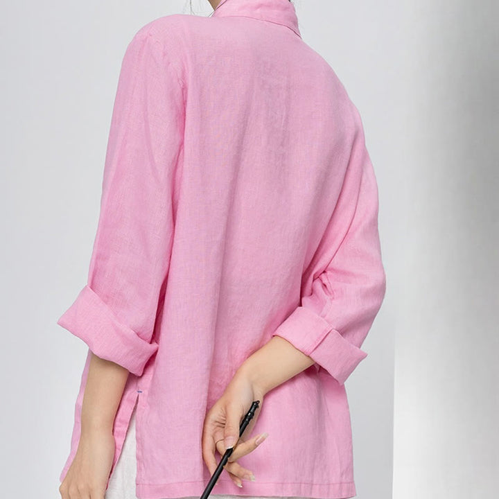Buddha Stones Solid Color Frog-button Long Sleeve Linen Women's Shirts With Pockets - image 3