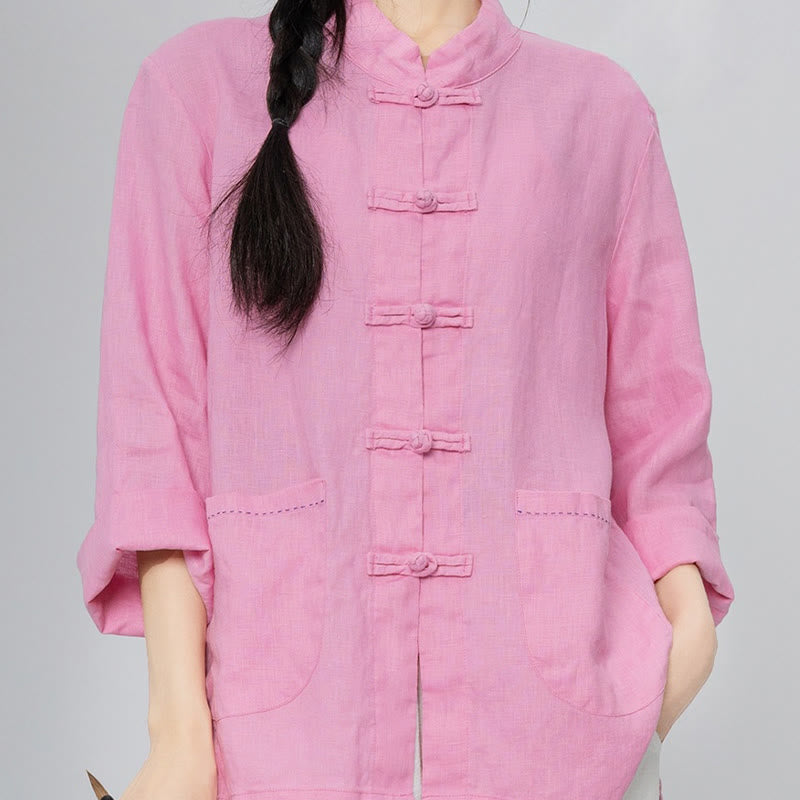 Buddha Stones Solid Color Frog-button Long Sleeve Linen Women's Shirts With Pockets - image 2