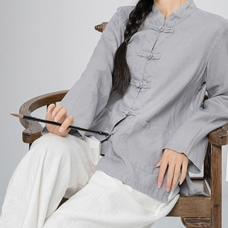 Buddha Stones Solid Color Frog-button Long Sleeve Linen Women's Shirts With Pockets