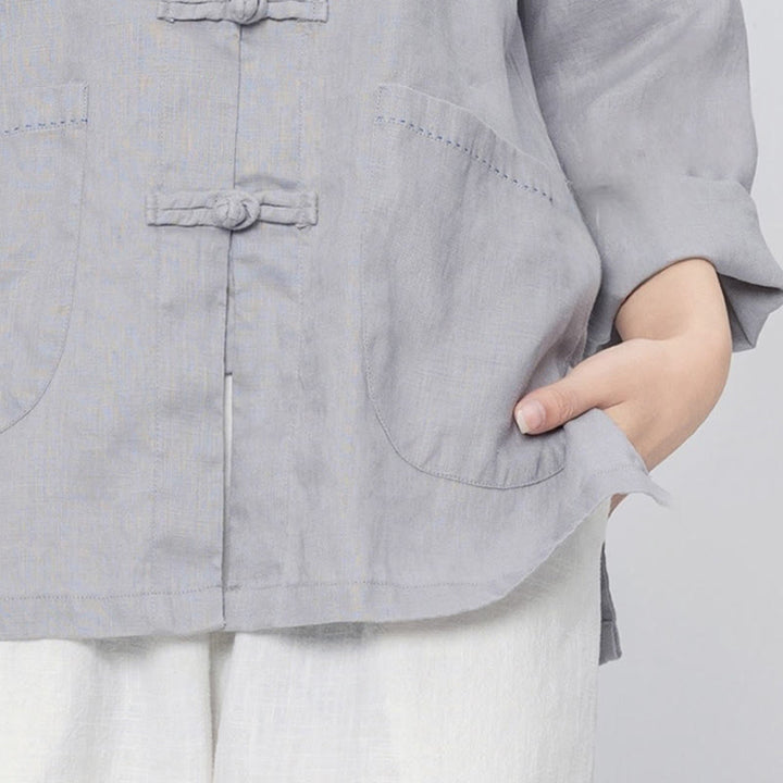 Buddha Stones Solid Color Frog-button Long Sleeve Linen Women's Shirts With Pockets - image 11