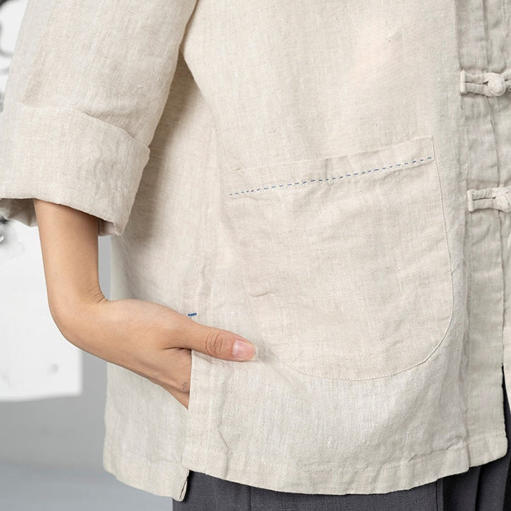 Buddha Stones Solid Color Frog-button Long Sleeve Linen Women's Shirts With Pockets - image 15