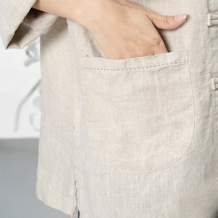 Buddha Stones Solid Color Frog-button Long Sleeve Linen Women's Shirts With Pockets - image 17