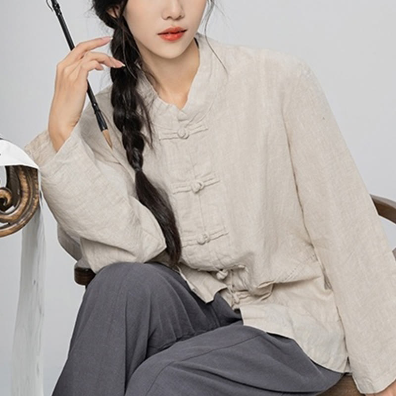 Buddha Stones Solid Color Frog-button Long Sleeve Linen Women's Shirts With Pockets - image 19