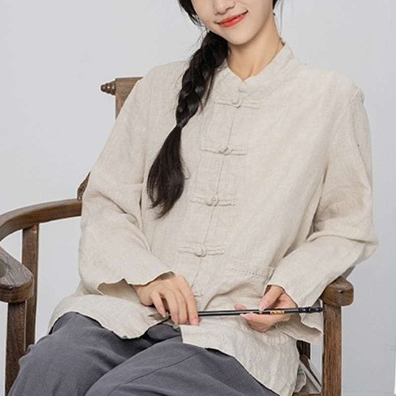 Buddha Stones Solid Color Frog-button Long Sleeve Linen Women's Shirts With Pockets - image 14