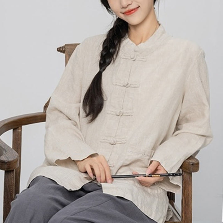 Buddha Stones Solid Color Frog-button Long Sleeve Linen Women's Shirts With Pockets - image 14