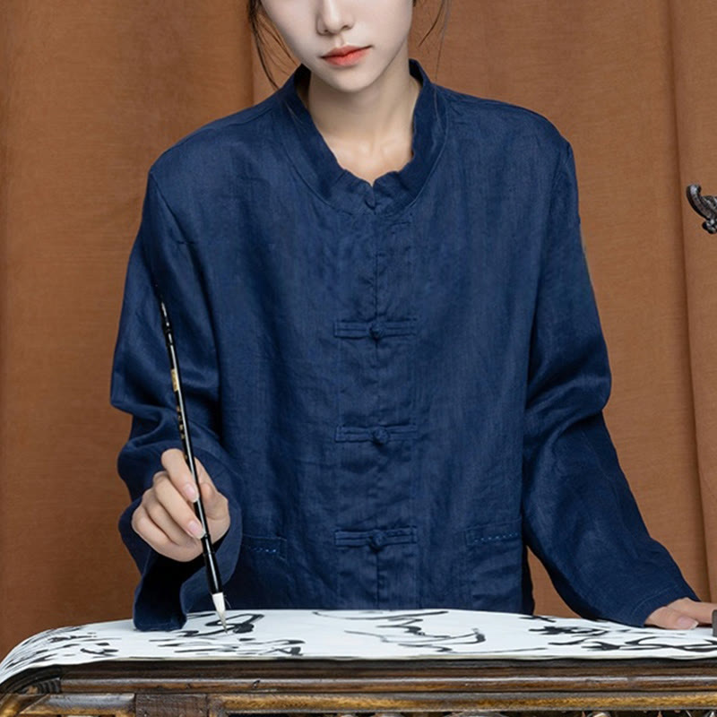 Buddha Stones Solid Color Frog-button Long Sleeve Linen Women's Shirts With Pockets - DarkSlateBlue - US4，UK/AU8，EU36 (L) - image 28