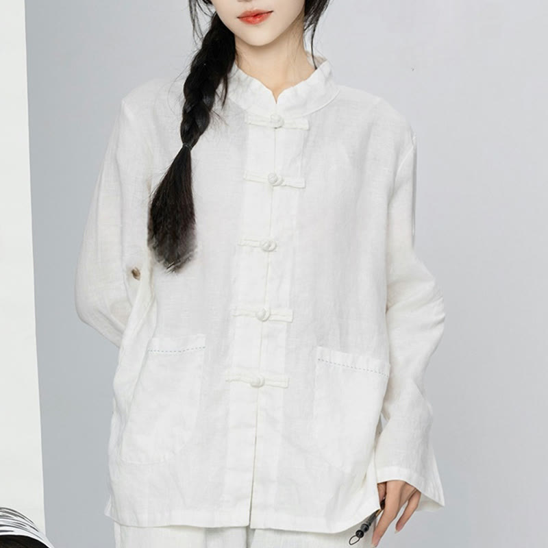 Buddha Stones Solid Color Frog-button Long Sleeve Linen Women's Shirts With Pockets - image 24