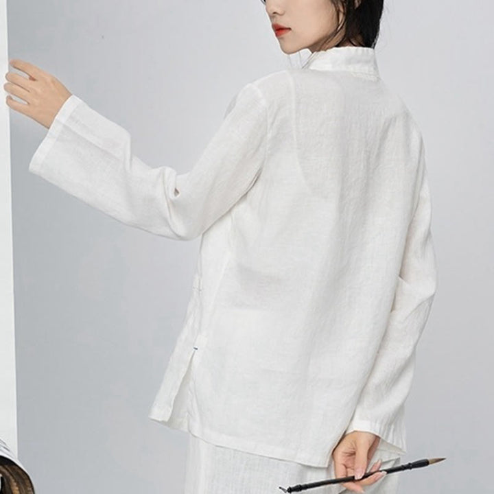 Buddha Stones Solid Color Frog-button Long Sleeve Linen Women's Shirts With Pockets - image 27