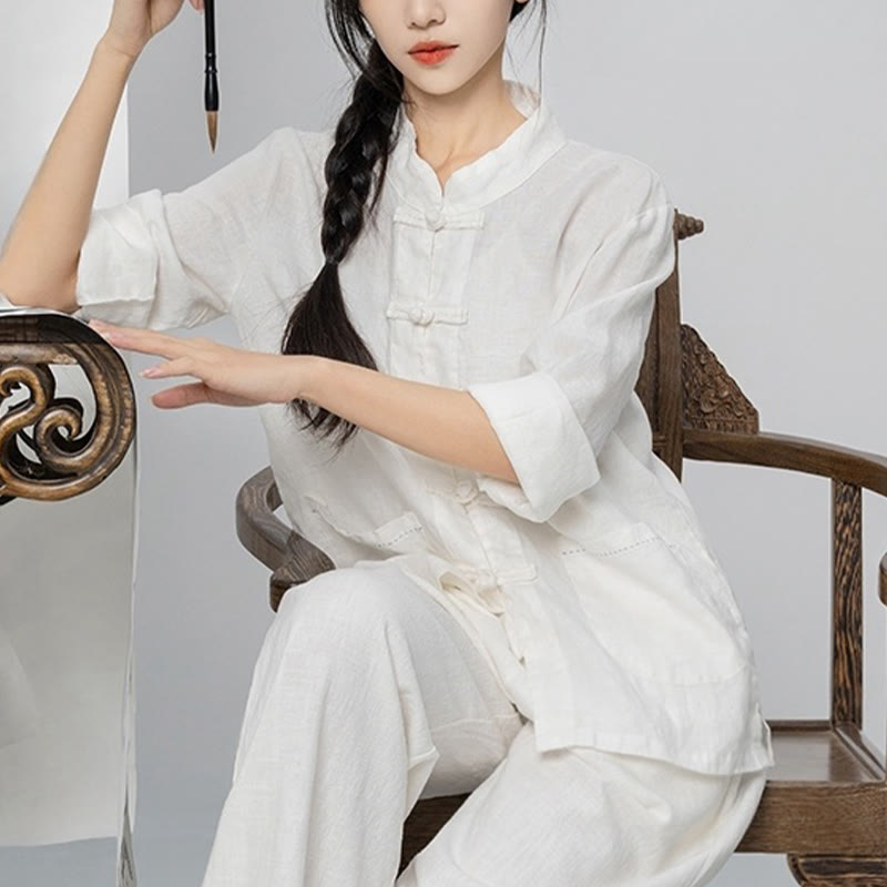 Buddha Stones Solid Color Frog-button Long Sleeve Linen Women's Shirts With Pockets - image 27