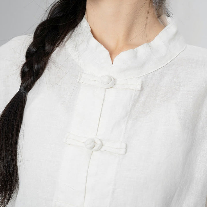 Buddha Stones Solid Color Frog-button Long Sleeve Linen Women's Shirts With Pockets - image 24