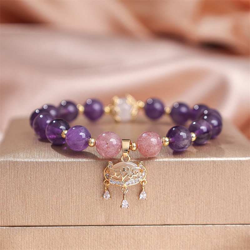 Buddha Stones Natural Amethyst Strawberry Quartz Peace Lock Charm Positive Bracelet