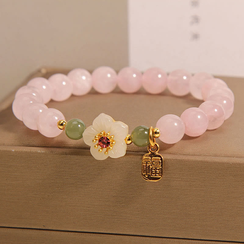 Buddha Stones Rose Quartz Peach Blossom Hetian Jade Fu Character Relationships Healing Bracelet