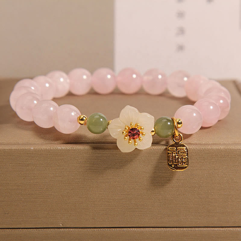 Buddha Stones Rose Quartz Peach Blossom Hetian Jade Fu Character Relationships Healing Bracelet