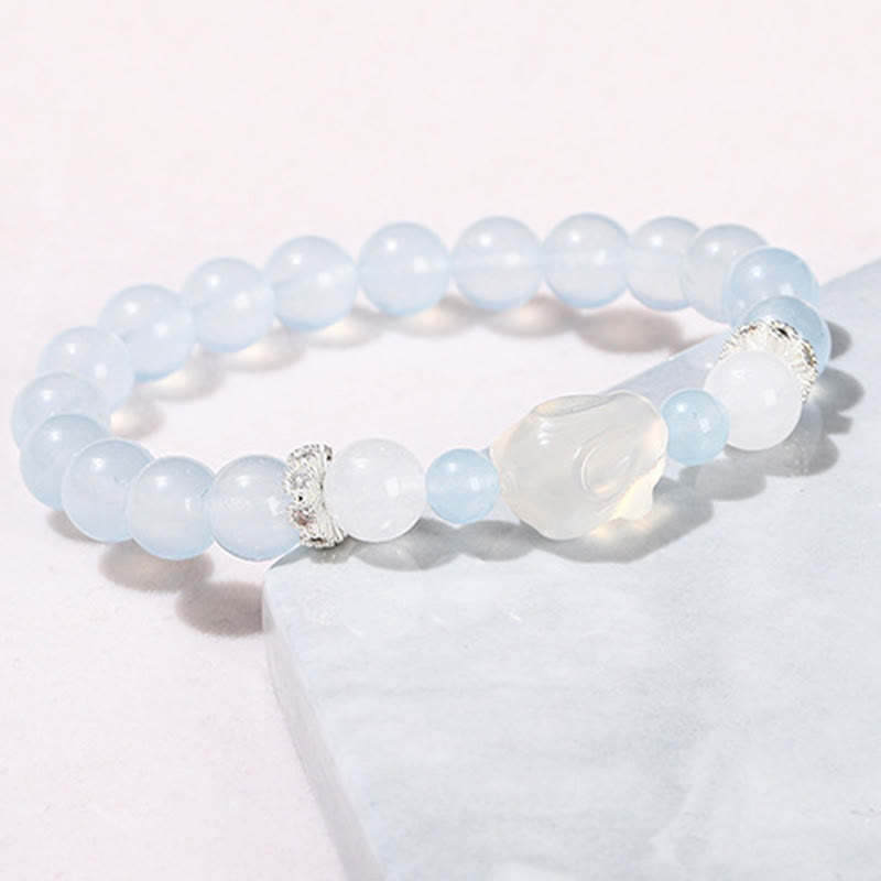 Buddha Stones Blue Chalcedony White Agate Rabbit Emotional Balance Bracelet