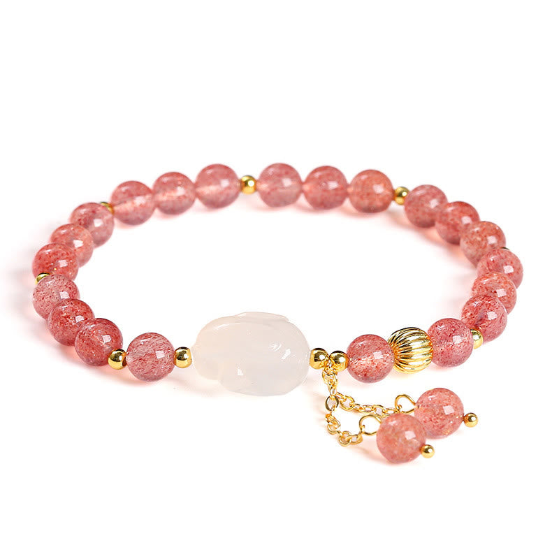 Buddha Stones Natural Strawberry Quartz Agate Rabbit Healing Bracelet