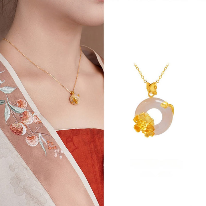 Buddha Stones Natural 925 Sterling Silver White Chalcedony Peace Buckle Peach Blossom Butterfly Positive Necklace Pendant - image 10