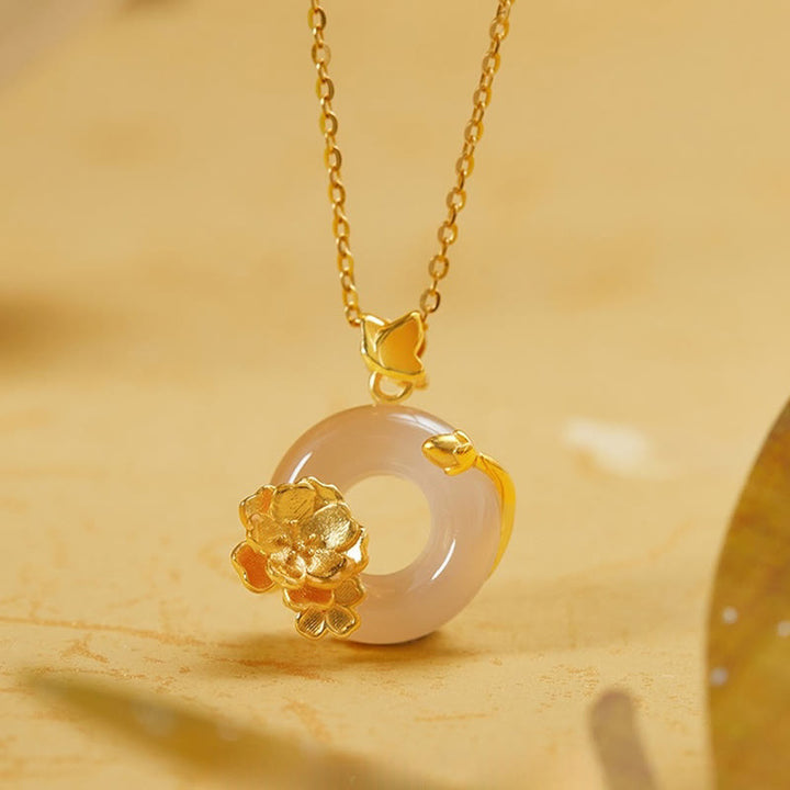 Buddha Stones Natural 925 Sterling Silver White Chalcedony Peace Buckle Peach Blossom Butterfly Positive Necklace Pendant - White Chalcedony - image 0