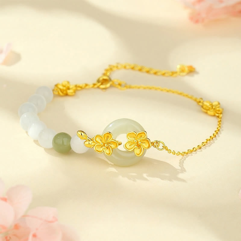 Buddha Stones 999 Sterling Silver Natural Hetian Jade Peace Buckle Peach Blossom Luck Bracelet - Gold(Wrist Circumference 14-20cm) - image 0