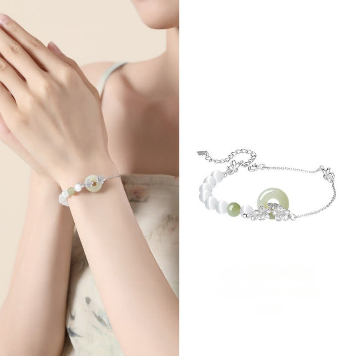 Buddha Stones 999 Sterling Silver Natural Hetian Jade Peace Buckle Peach Blossom Luck Bracelet - image 14