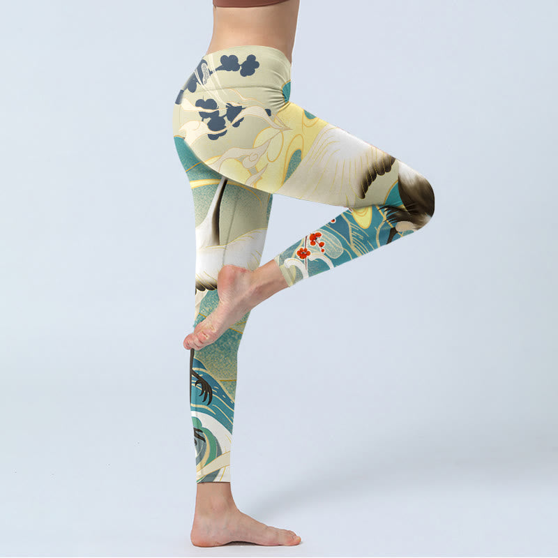 Buddha Stones Cranes Plum Blossoms Mountains Print Gym Leggings Women's Yoga Pants