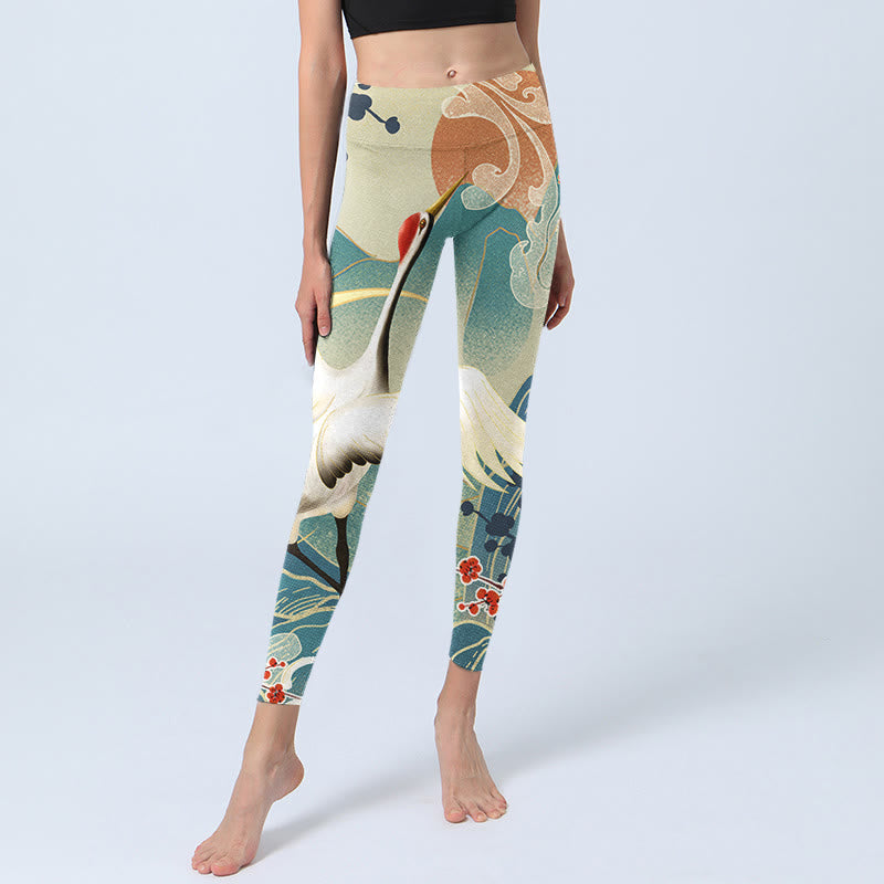 Buddha Stones Cranes Plum Blossoms Mountains Print Gym Leggings Women's Yoga Pants - image 5