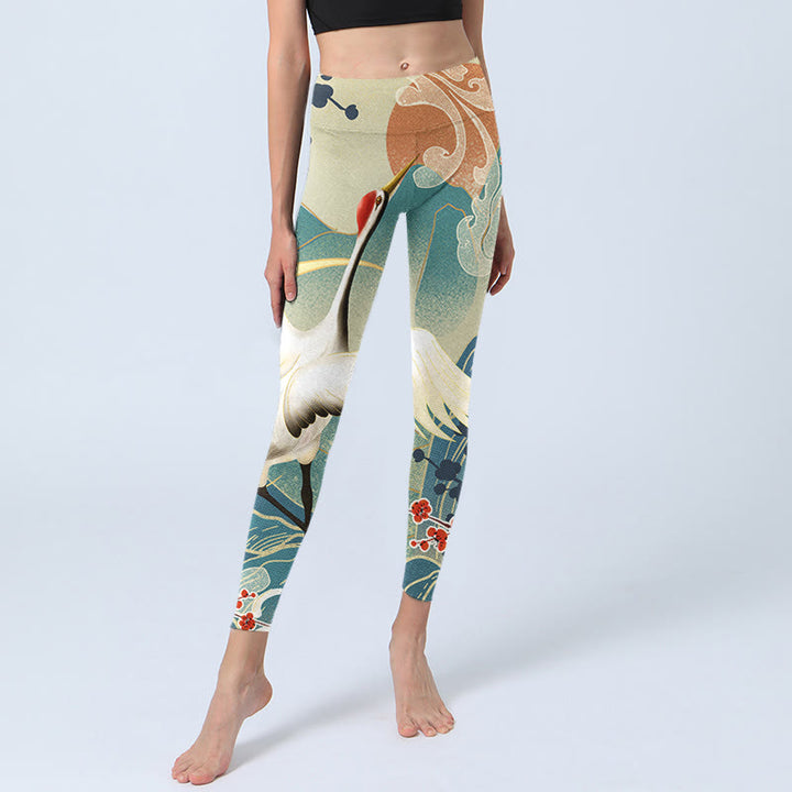 Buddha Stones Cranes Plum Blossoms Mountains Print Gym Leggings Women's Yoga Pants - image 6
