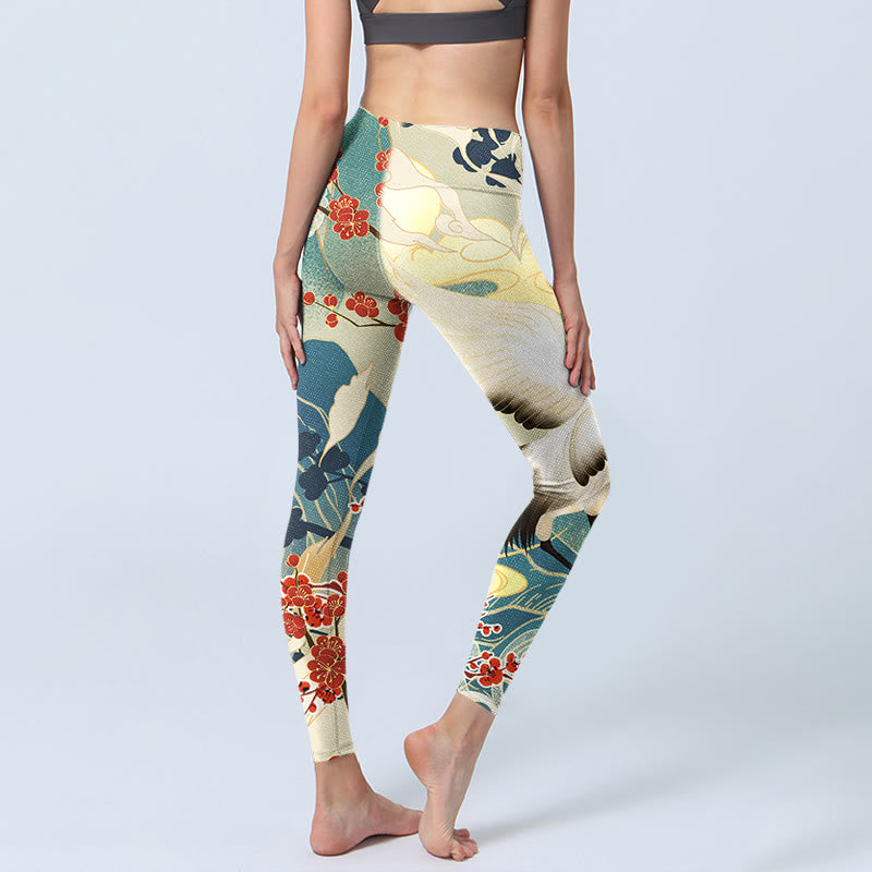 Buddha Stones Cranes Plum Blossoms Mountains Print Gym Leggings Women's Yoga Pants - image 3