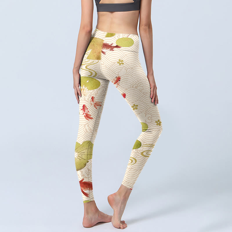 Buddha Stones Koi Fish Lotus Leaves Print Gym Leggings Women's Yoga Pants - image 3
