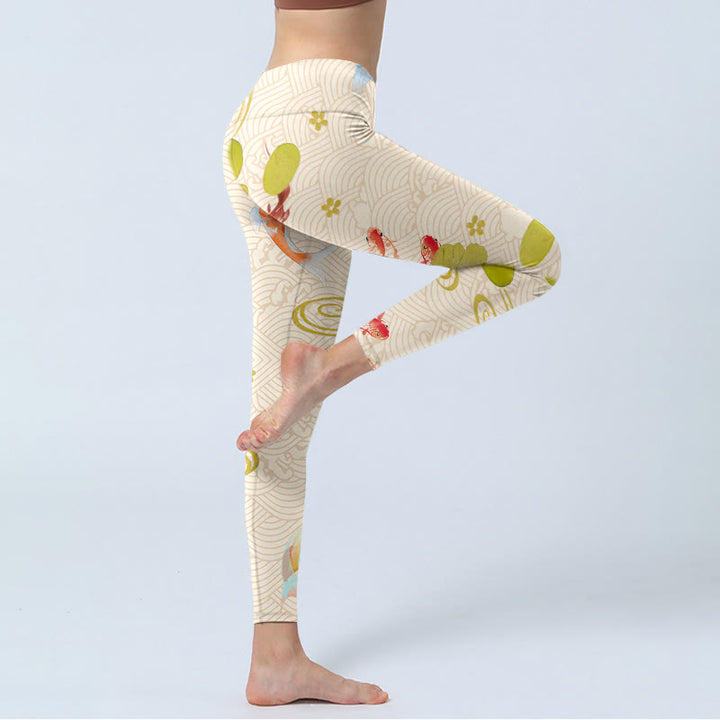 Buddha Stones Koi Fish Lotus Leaves Print Gym Leggings Women's Yoga Pants - image 4