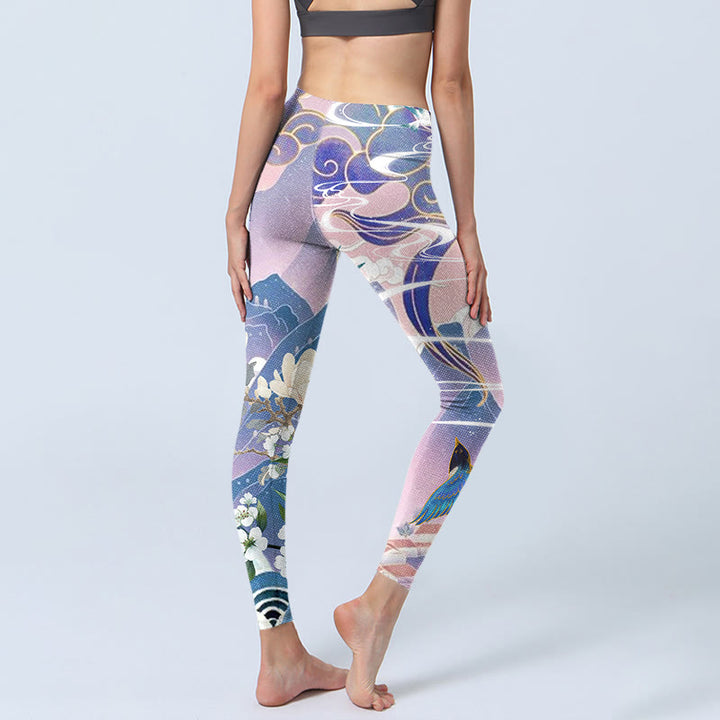 Buddha Stones Swallow Magpie Flower Mountain Auspicious Clouds Print Gym Leggings Women's Yoga Pants - image 3
