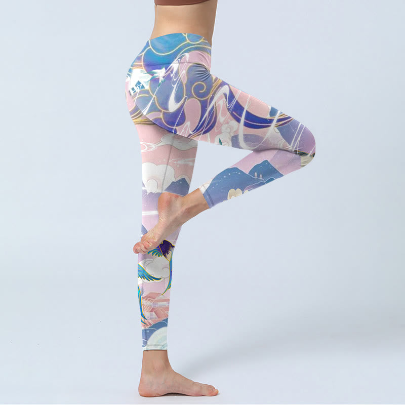 Buddha Stones Swallow Magpie Flower Mountain Auspicious Clouds Print Gym Leggings Women's Yoga Pants - image 4