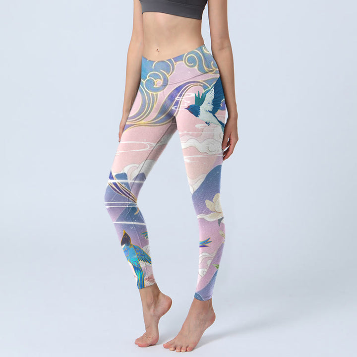 Buddha Stones Swallow Magpie Flower Mountain Auspicious Clouds Print Gym Leggings Women's Yoga Pants