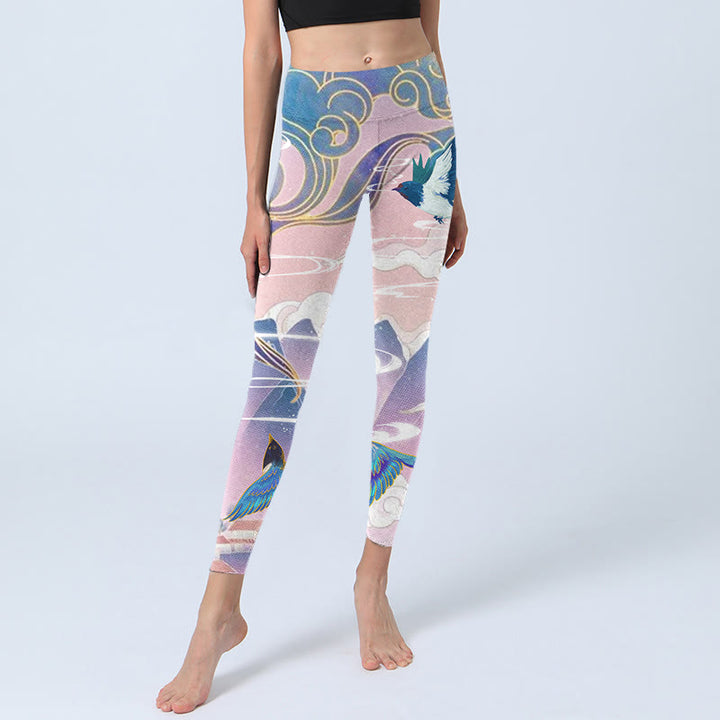 Buddha Stones Swallow Magpie Flower Mountain Auspicious Clouds Print Gym Leggings Women's Yoga Pants - image 6