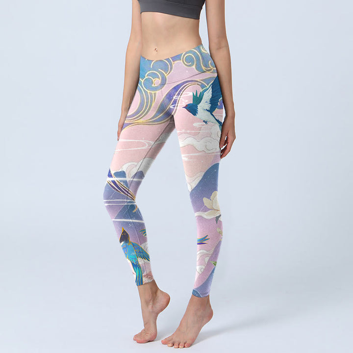 Buddha Stones Swallow Magpie Flower Mountain Auspicious Clouds Print Gym Leggings Women's Yoga Pants - Plum - US18，UK/AU22，EU50 (4XL) - image 1
