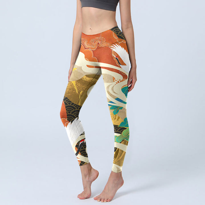 Buddha Stones Red-crowned Crane Auspicious Clouds Pine Tree Print Gym Leggings Women's Yoga Pants