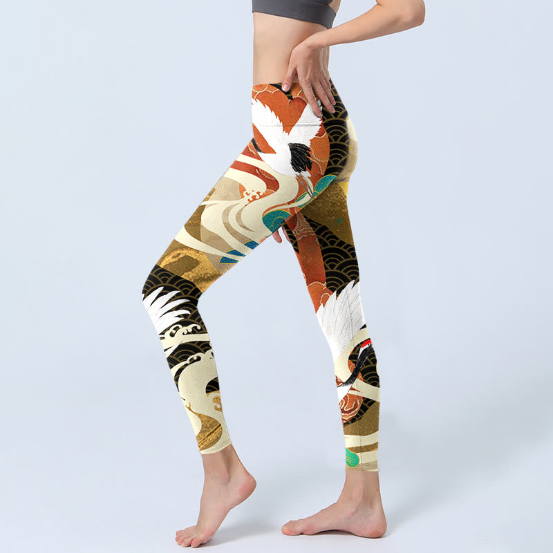 Buddha Stones Red-crowned Crane Auspicious Clouds Pine Tree Print Gym Leggings Women's Yoga Pants