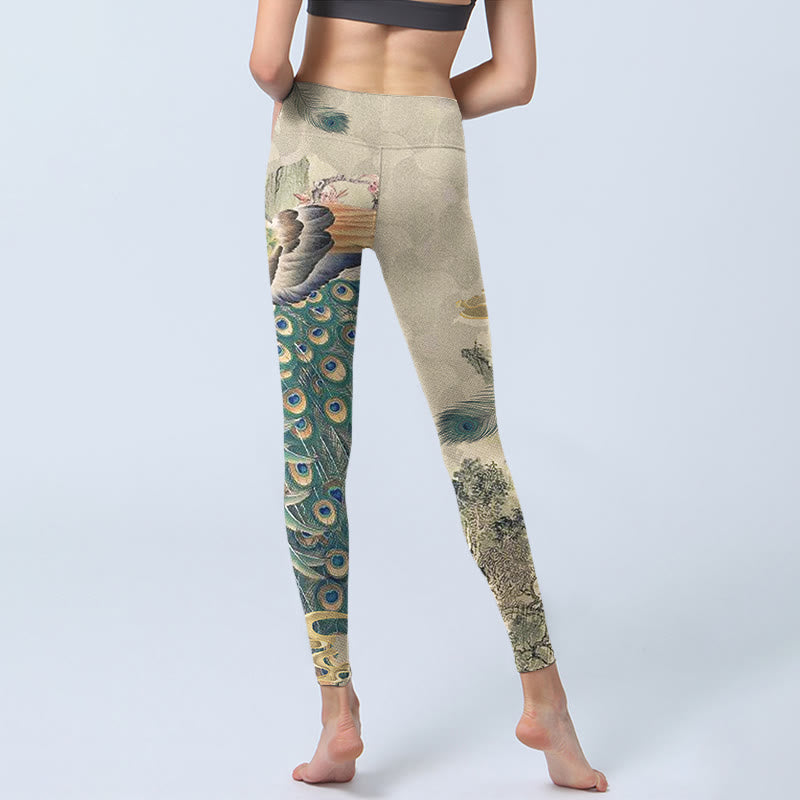 Buddha Stones Peacock Auspicious Clouds Mountain Flowers Print Gym Leggings Women's Yoga Pants