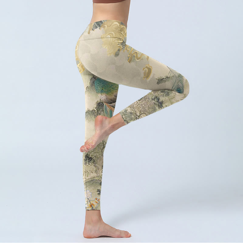 Buddha Stones Peacock Auspicious Clouds Mountain Flowers Print Gym Leggings Women's Yoga Pants