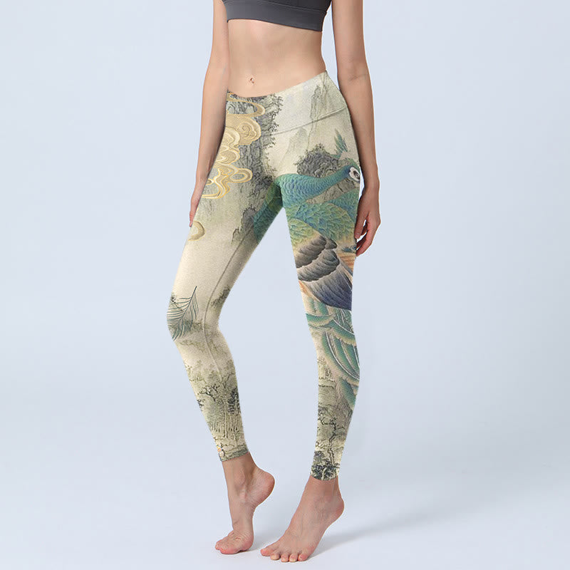 Buddha Stones Peacock Auspicious Clouds Mountain Flowers Print Gym Leggings Women's Yoga Pants