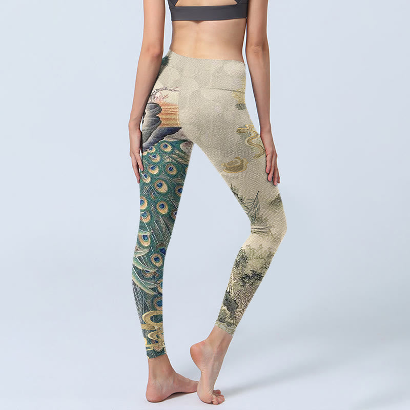 Buddha Stones Peacock Auspicious Clouds Mountain Flowers Print Gym Leggings Women's Yoga Pants