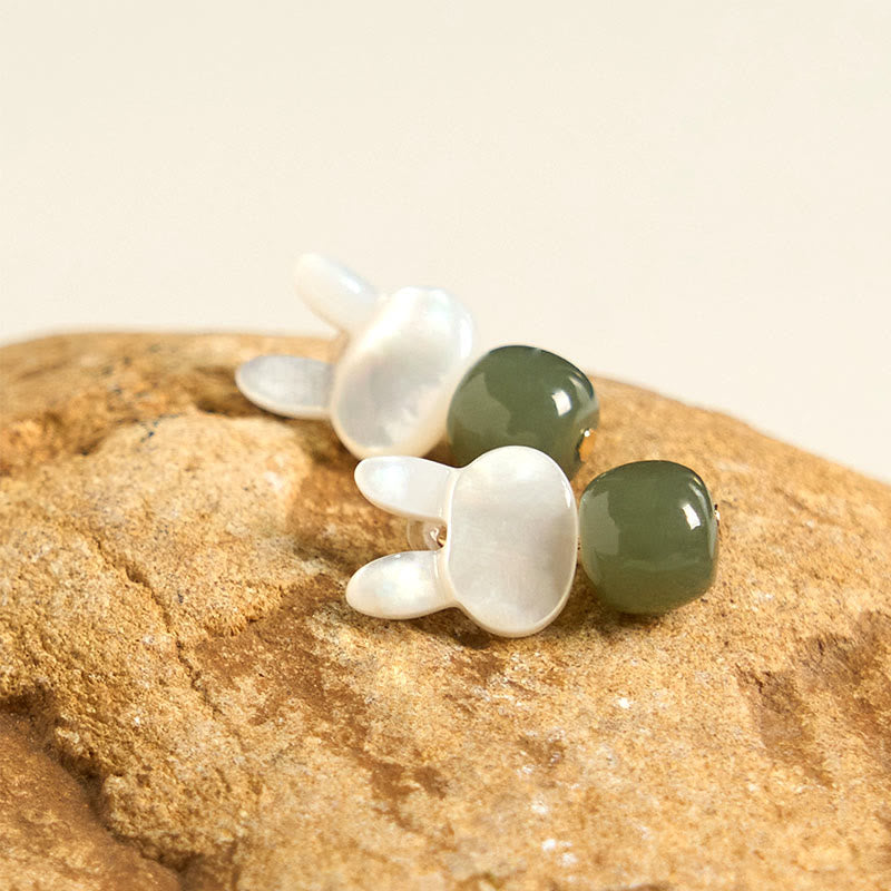 Buddha Stones Tridacna Stone Cute Rabbit Hetian Jade Luck Earrings