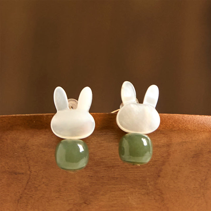 Buddha Stones Tridacna Stone Cute Rabbit Hetian Jade Luck Earrings