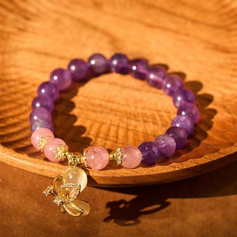 Buddha Stones Natural Amethyst Strawberry Quartz Crystal Healing Butterfly Charm Bracelet