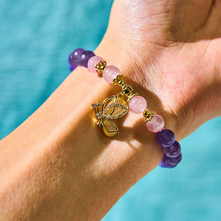 Buddha Stones Natural Amethyst Strawberry Quartz Crystal Healing Butterfly Charm Bracelet